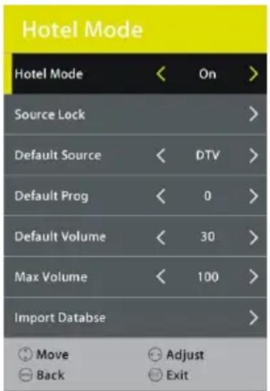 Hotel Mode Hotel Mode < On > Source Lock Default Source < DTV > Default Prog < 0 > Default Volume < 30 > Max Volume < 100 > Import Database Move Adjust Back Exit