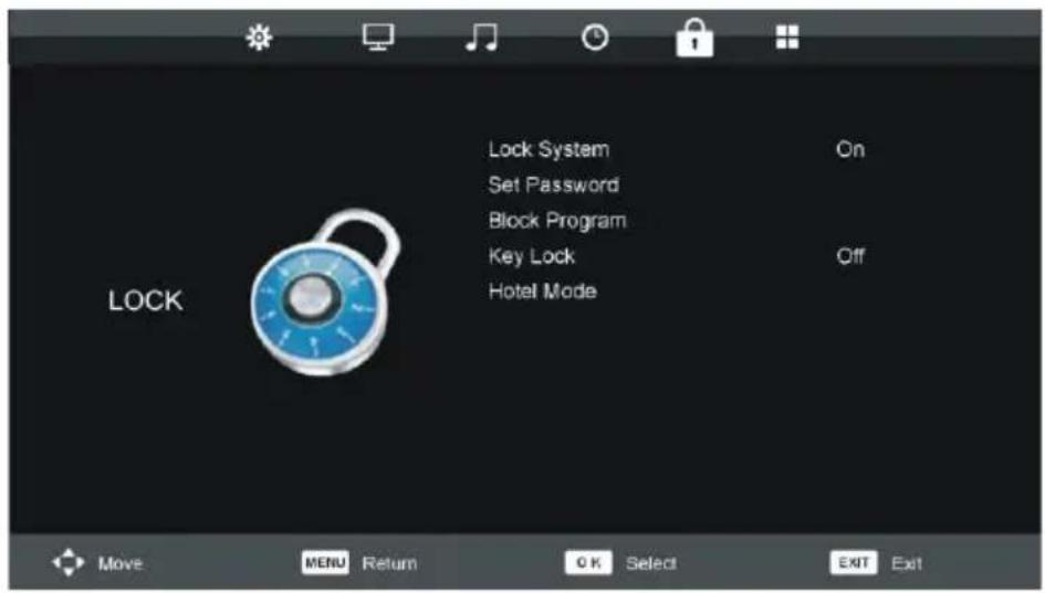 Lock System Set Password Block Program Key Lock Hotel Mode On Off MOVE MENU Return OK Select EXIT Exit