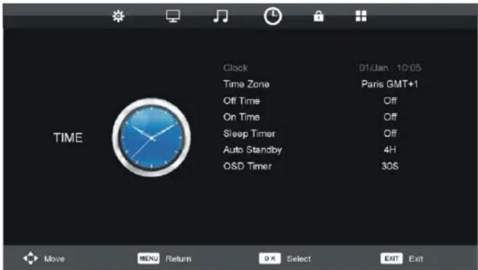 TIME Clock 01/Jan 10:05 Time Zone Paris GMT+1 Off Time Off On Time Off Sleep Timer Off Auto Standby 4H OSD Timer 30S Move MENU Return OK Select EXIT Exit