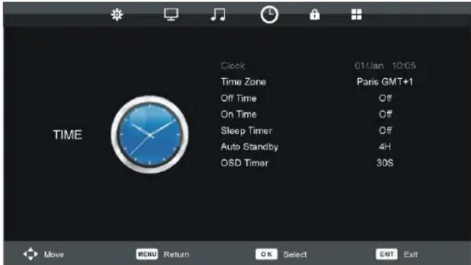 TIME Clock 01/Jan 10:05 Time Zone Paris GMT+1 Off Time Off On Time Off Sleep Timer Off Auto Standby 4H OSD Timer 30S Move MENU Return OK Select EXIT Exit