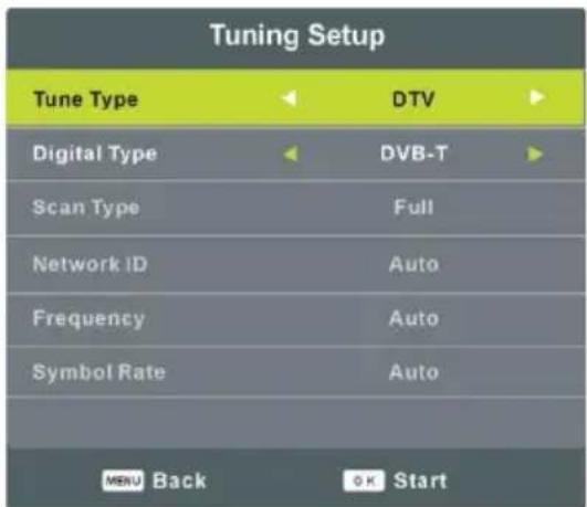 Tuning Setup Tune Type DTV Digital Type DVB-T Scan Type Full Network ID Auto Frequency Auto Symbol Rate Auto MENU Back OK Start
