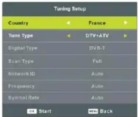 Tuning Setup Country France Tune Type DTV+ATV Digital Type DVB-T Scan Type Full Network ID Auto Frequency Auto Symbol Rate Auto OK Start Next Back