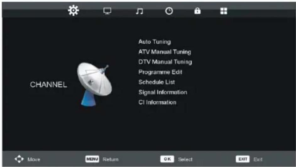 Auto Tuning ATV Manual Tuning DTV Manual Tuning Programme Edit Schedule List Signal Information CI Information CHANNEL Move MENU Return OK Select EXIT Exit