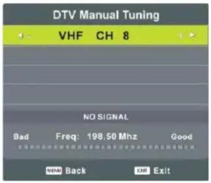 DTV Manual Tuning VHF CH 8 NO SIGNAL Bad Freq: 198.50 Mhz Good WEND Back EXIT Exit