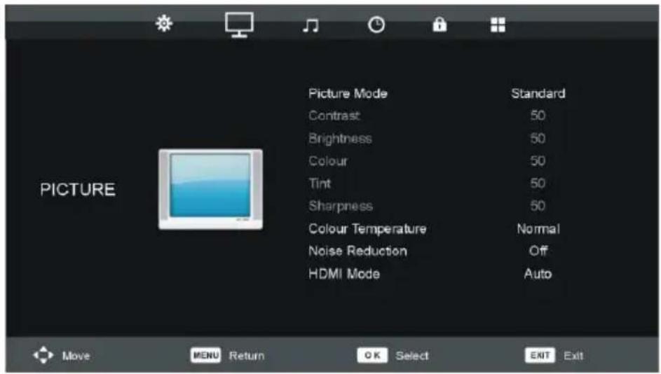 Picture Mode Contrast Brightness Colour Tint Sharpness Colour Temperature Noise Reduction HDMI Mode Standard 50 50 50 50 Normal Off Auto Move MENU Return OK Select EXIT Exit