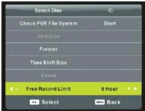 Select Disc C: Check PVR File System Start USB Disk Format Time Shift Size Speed Free Record Limit 6 Hour OK Select Help Back