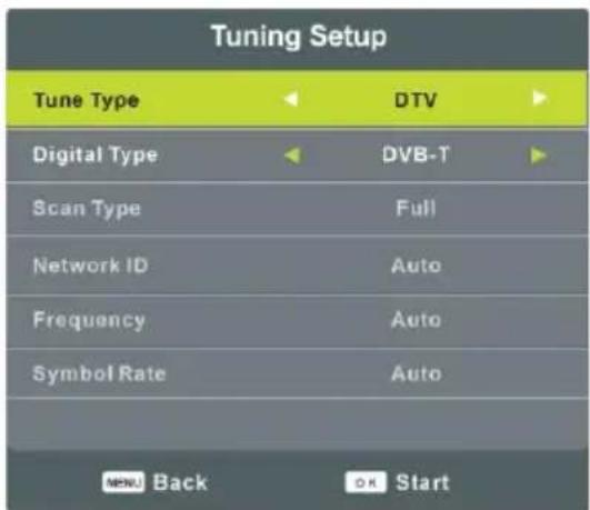 Tuning Setup Tune Type DTV Digital Type DVB-T Scan Type Full Network ID Auto Frequency Auto Symbol Rate Auto MENU Back OK Start