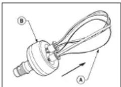 Technical diagram of a mechanical component with labeled parts A and B, showing directional arrows indicating motion or force.