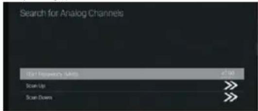 Search for Analog Channels Start Frequency (Units) at 100 Scan-Up Scan Down