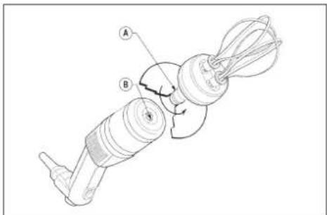 Technical diagram of a mechanical device with labeled parts A and B, showing assembly or assembly process.