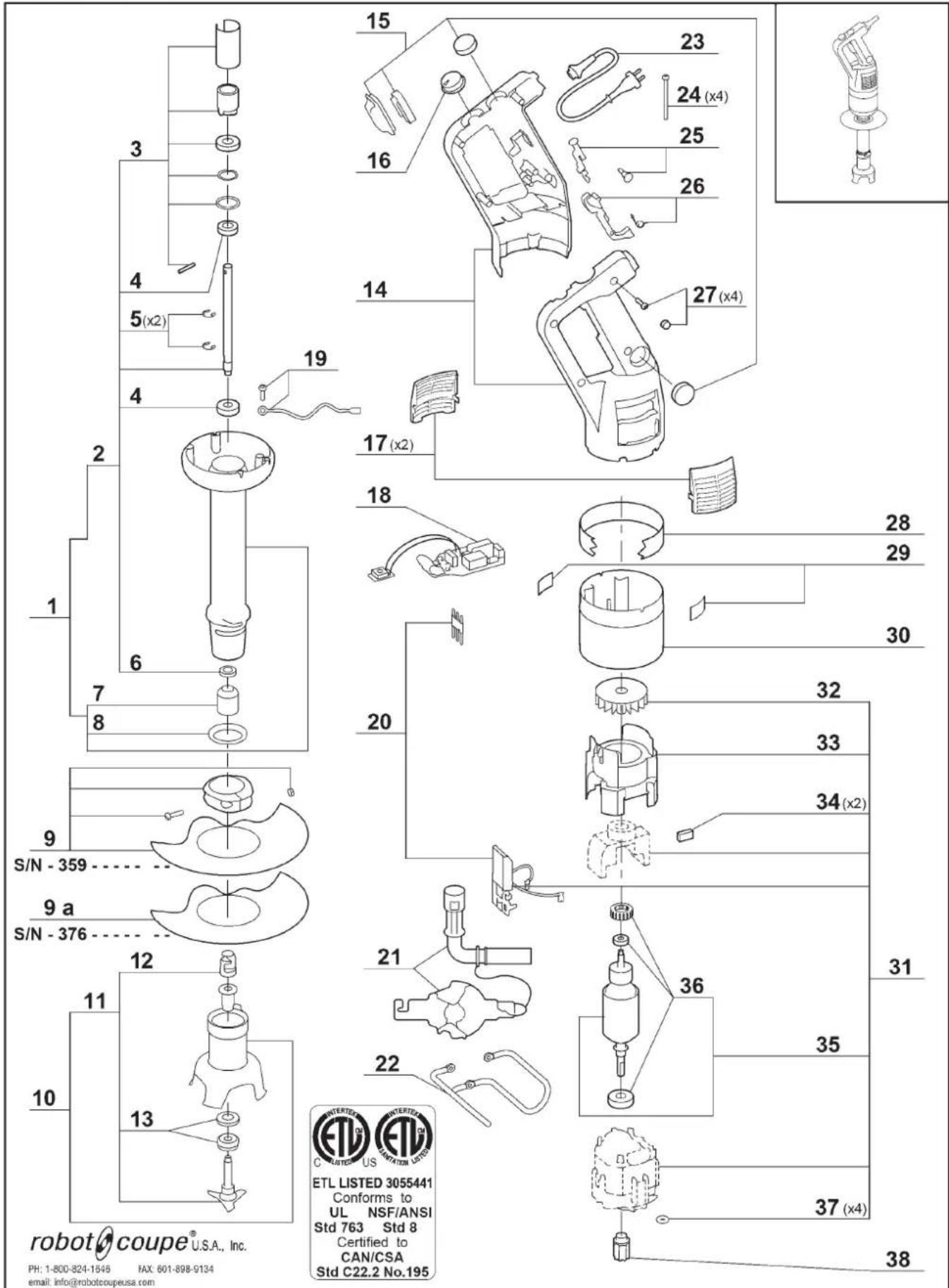 robot coupe® U.S.A., Inc. PH: 1-800-824-1545 FAX: 601-898-9134 email: info@robotcoupeusa.com 1 2 3 4 5(x2) 6 7 8 9 S/N - 359 9 a S/N - 376 10 11 12 13 14 15 16 17 (x2) 18 19 20 21 22 23 24 (x4) 25 26 27 (x4) 28 29 30 31 32 33 34 (x2) 35 36 37 (x4) 38 INTERNATIONAL INTERNATIONAL ETL LISTED 3055441 Conforms to UL NSF/ANSI Std 763 Std 8 Certified to CAN/CSA Std C22.2 No.195