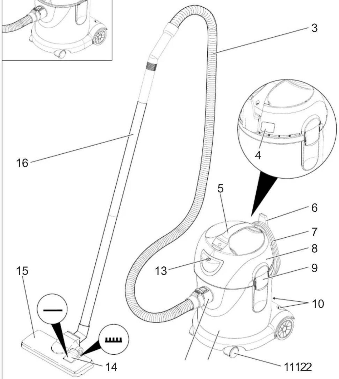 Technical diagram of a vacuum cleaner with numbered parts and component annotations