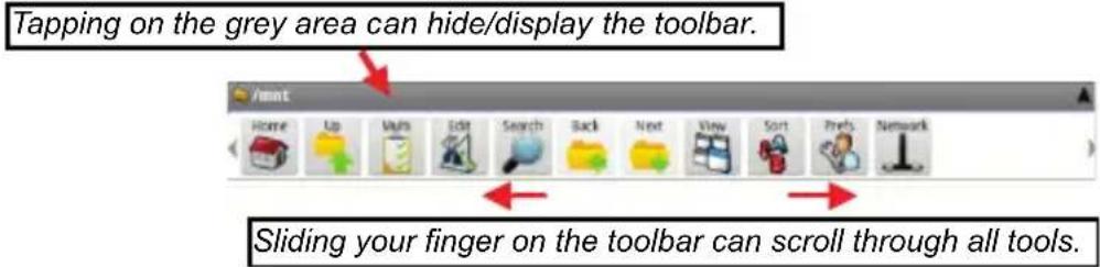 Tapping on the grey area can hide/display the toolbar. Sliding your finger on the toolbar can scroll through all tools.