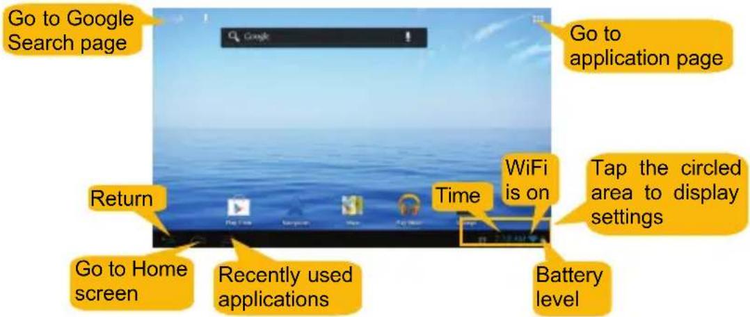 Go to Google Search page Return Go to Home screen Recently used applications Time WiFi is on Go to application page Tap the circled area to display settings Battery level
