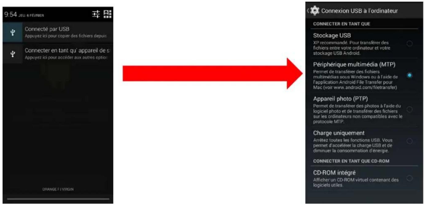 9:54 JEU. 6 FÉVRIER Connecté par USB Appuyez ici pour copier des fichiers depuis Connecter en tant qu'appareil de s Appuyez ici pour accéder aux autres option ORANGE F | VIRGIN Connexion USB à l'ordinateur CONNECTER EN TANT QUE Stockage USB XP recommandé. Pour transférer des fichiers entre votre ordinateur et votre stockage USB Android. Périphérique multimédia (MTP) Permet de transférer des fichiers multimédias sous Windows ou à l'aide de l'application Android File Transfer pour Mac (voir www.android.com/filetransfer) Appareil photo (PTP) Permet de transférer des photos à l'aide du logiciel photo et de transférer des fichiers sur les ordinateurs non compatibles avec le protocole MTP. Charge uniquement Arrêtez toutes les fonctions USB. Vous permet d'accélérer la charge USB et de diminuer la consommation d'énergie. CONNECTER EN TANT QUE CD-ROM CD-ROM intégré Afficher un CD-ROM virtuel contenant des logiciels utiles.