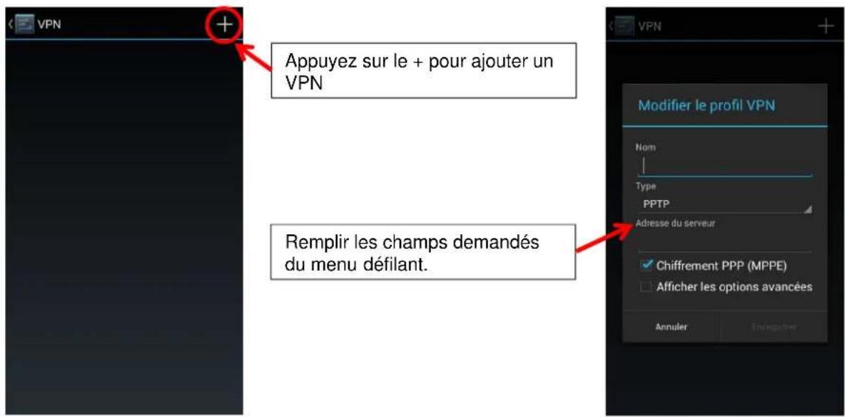 Appuyez sur le + pour ajouter un VPN Remplir les champs demandés du menu défilant. Modifier le profil VPN Nom Type PPTP Adresse du serveur Chiffrement PPP (MPPE) Afficher les options avancées Annuler Envelopme