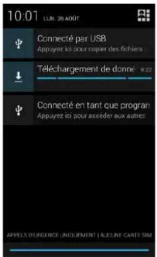10:01 LUN : 26 ADOT Connecté par USB Appuyez ici pour copyer des fichiers : Téléchargement de donné : 922 Connecté en tant que progran Appuyez ici pour accéder aux autres APPELS D'URGENCE UNIQUERMENT | ALCINE CARTE SIM