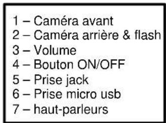 1 – Caméra avant 2 – Caméra arrière & flash 3 – Volume 4 – Bouton ON/OFF 5 – Prise jack 6 – Prise micro usb 7 – haut-parleurs