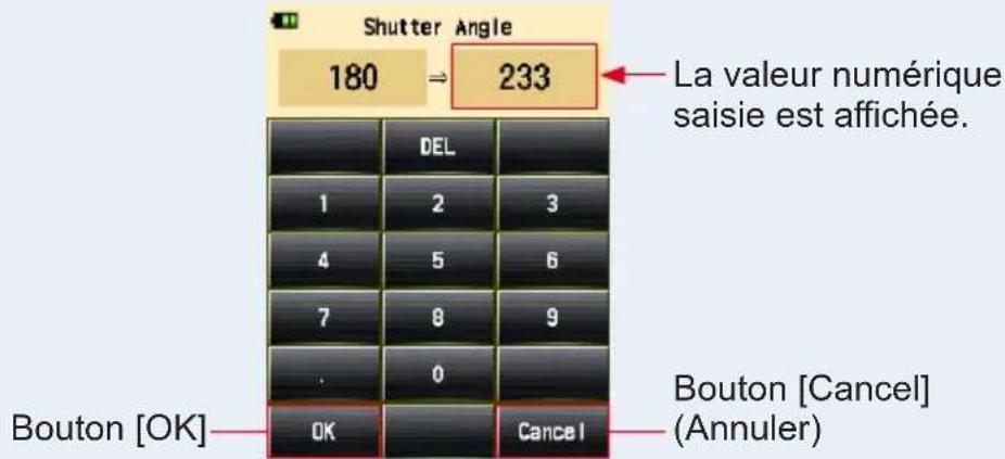 Shutter Angle 180 ⇒ 233 La valeur numérique saisie est affichée. DEL 1 2 3 4 5 6 7 8 9 . 0 Bouton [OK] - OK - Cancel - Bouton [Cancel] (Annuler)