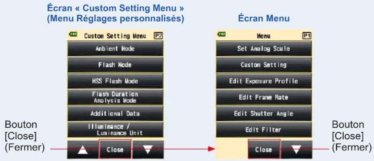 Écran « Custom Setting Menu » (Menu Réglages personnalisés) Custom Setting Menu P2 Ambient Mode Flash Mode HSS Flash Mode Flash Duration Analysis Mode Additional Data Illuminance / Luminance Unit Bouton [Close] (Fermer) Close Écran Menu Menu P1 Set Analog Scale Custom Setting Edit Exposure Profile Edit Frame Rate Edit Shutter Angle Edit Filter Bouton [Close] (Fermer) Close