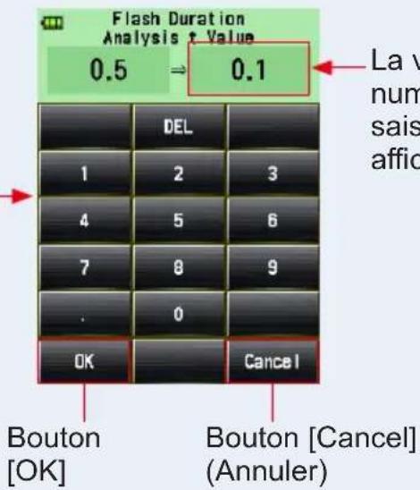 Flash Duration Analysis t Value 0.5 ⇒ 0.1 La v num sais affic DEL 1 2 3 4 5 6 7 8 9 . 0 OK Cancel Bouton [OK] Bouton [Cancel] (Annuler)