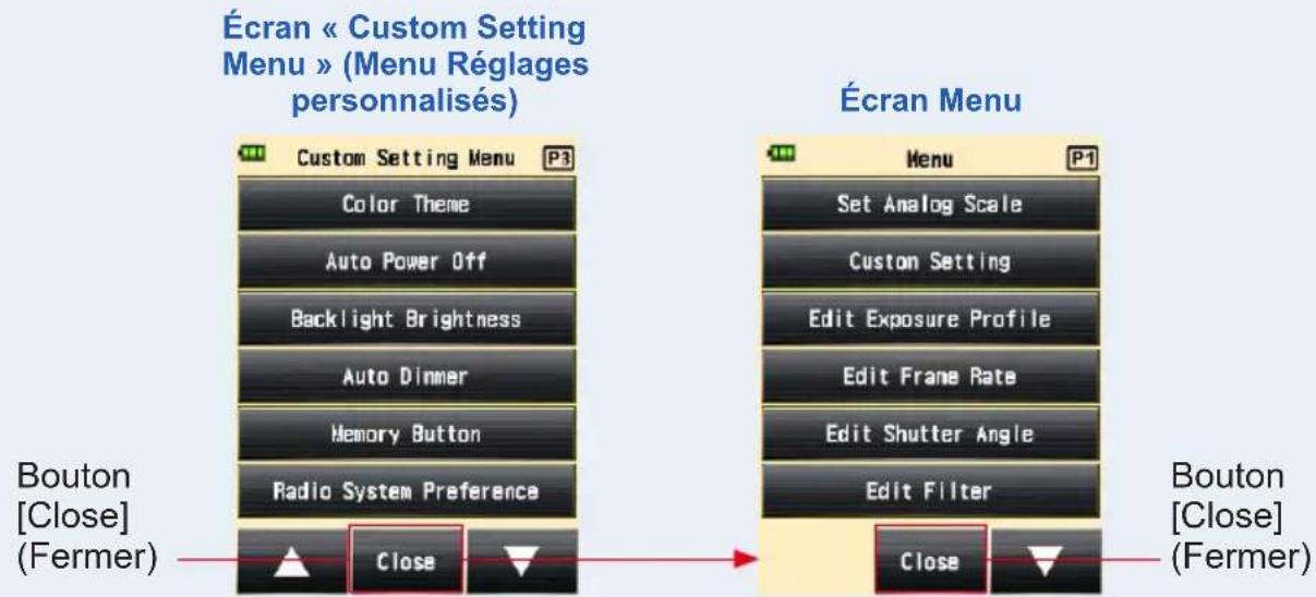 Écran « Custom Setting Menu » (Menu Réglages personnalisés) Custom Setting Menu P3 Color Theme Auto Power Off Backlight Brightness Auto Dinner Memory Button Radio System Preference Bouton [Close] (Fermer) Close Écran Menu Menu P1 Set Analog Scale Custom Setting Edit Exposure Profile Edit Frame Rate Edit Shutter Angle Edit Filter Bouton [Close] (Fermer) Close