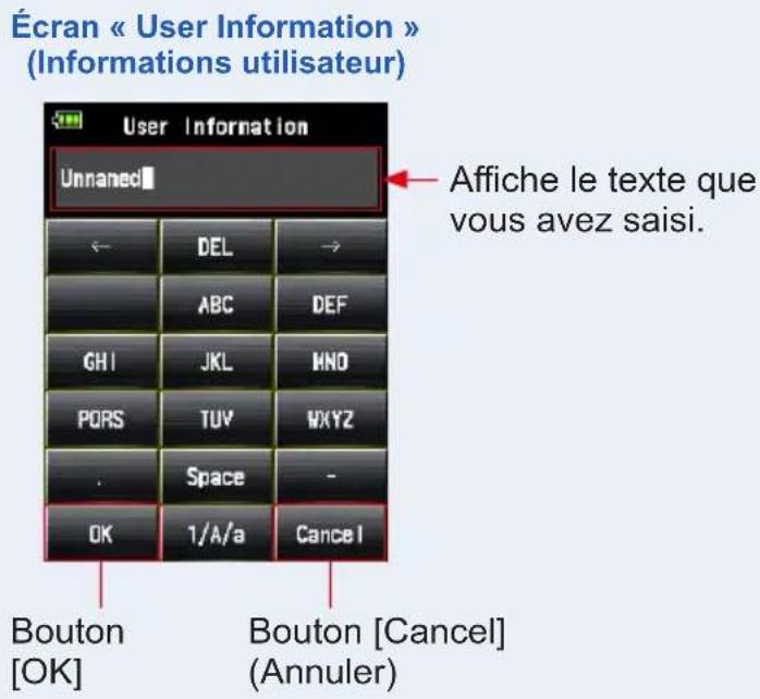 Écran « User Information » (Informations utilisateur) User Information Unnamed Affiche le texte que vous avez saisi. ← DEL → ABC DEF GHI JKL MNO PORS TUVWXYZ . Space - OK 1/A/a Cancel Bouton [OK] Bouton [Cancel] (Annuler)