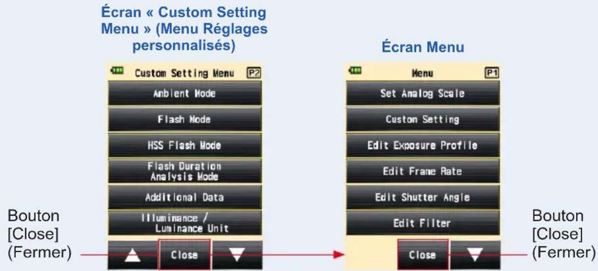 Écran « Custom Setting Menu » (Menu Régages personnalisés) Custom Setting Menu P2 Ambient Mode Flash Mode HSS Flash Mode Flash Duration Analysis Mode Additional Data Illuminance / Luminance Unit Close Écran Menu Menu P1 Set Analog Scale Custom Setting Edit Exposure Profile Edit Frame Rate Edit Shutter Angle Edit Filter Close Bouton [Close] (Fermer) Bouton [Close] (Fermer)