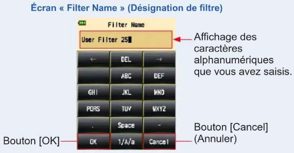 Écran « Filter Name » (Désignation de filtre) Filter Name User Filter 25 Affichage des caractères alphanumériques que vous avez saisis. ← DEL → ABC DEF GHI JKL MNO PORS TUVWXYZ . Space - Bouton [OK] 1/A/a Cancel Bouton [Cancel] (Annuler)