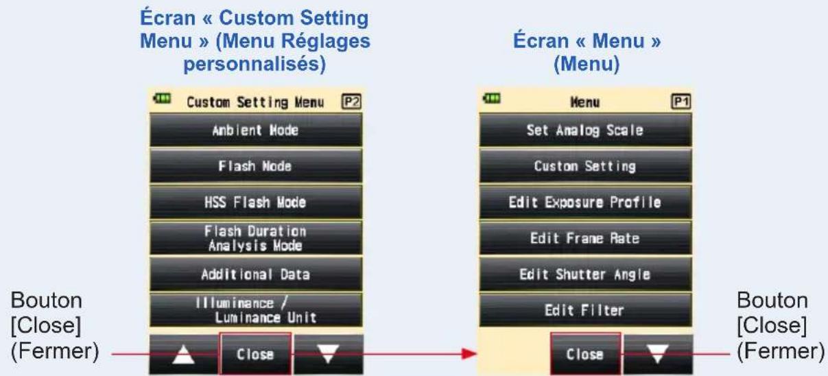 Écran « Custom Setting Menu » (Menu Réglages personnalisés) Custom Setting Menu P2 Ambient Mode Flash Mode HSS Flash Mode Flash Duration Analysis Mode Additional Data Illuminance / Luminance Unit Bouton [Close] (Fermer) Close Écran « Menu » (Menu) Set Analog Scale Custom Setting Edit Exposure Profile Edit Frame Rate Edit Shutter Angle Edit Filter Bouton [Close] (Fermer) Close Close