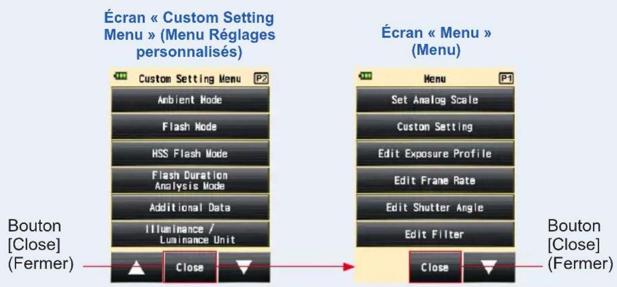 Écran « Custom Setting Menu » (Menu Réglages personnalisés) Custom Setting Menu P2 Ambient Mode Flash Mode HSS Flash Mode Flash Duration Analysis Mode Additional Data Illuminance / Luminance Unit Bouton [Close] (Fermer) Close Écran « Menu » (Menu) Set Analog Scale Custom Setting Edit Exposure Profile Edit Frame Rate Edit Shutter Angle Edit Filter Close Close Bouton [Close] (Fermer)