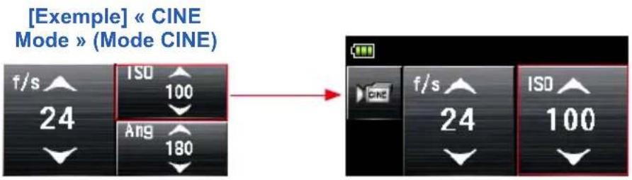 [Example] « CINE Mode » (Mode CINE) f/s ↑ 24 ISO ↑ 100 Ang ↑ 180 → f/s ↑ 24 ISO ↑ 100