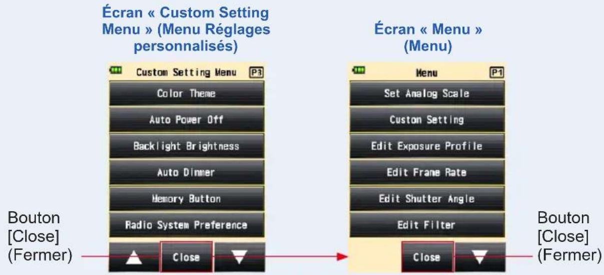 Écran « Custom Setting Menu » (Menu Réglages personnalisés) Custom Setting Menu P3 Color Theme Auto Power Off Backlight Brightness Auto Dinner Memory Button Radio System Preference Bouton [Close] (Fermer) Close Écran « Menu » (Menu) Set Analog Scale Custom Setting Edit Exposure Profile Edit Frame Rate Edit Shutter Angle Edit Filter Bouton [Close] (Fermer) Close Close
