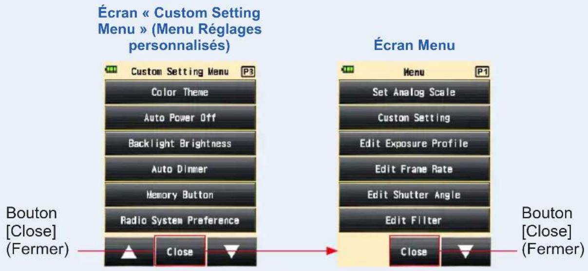 Écran « Custom Setting Menu » (Menu Réglages personnalisés) Custom Setting Menu P3 Color Theme Auto Power Off Backlight Brightness Auto Dinner Memory Button Radio System Preference Bouton [Close] (Fermer) Close Écran Menu Menu P1 Set Analog Scale Custom Setting Edit Exposure Profile Edit Frame Rate Edit Shutter Angle Edit Filter Bouton [Close] (Fermer) Close