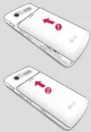 Diagram showing two views of a white mobile phone with red directional arrows labeled ① and ② indicating movement or orientation.