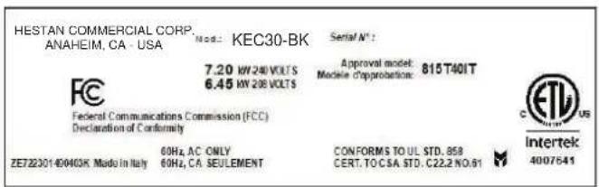 Hestan KEC36BK - PLAQUE SIGNALÉTIQUE - 1