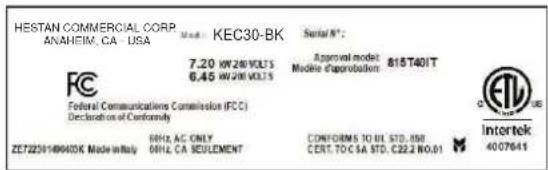 Hestan KEC36BK - RATING LABEL - 1