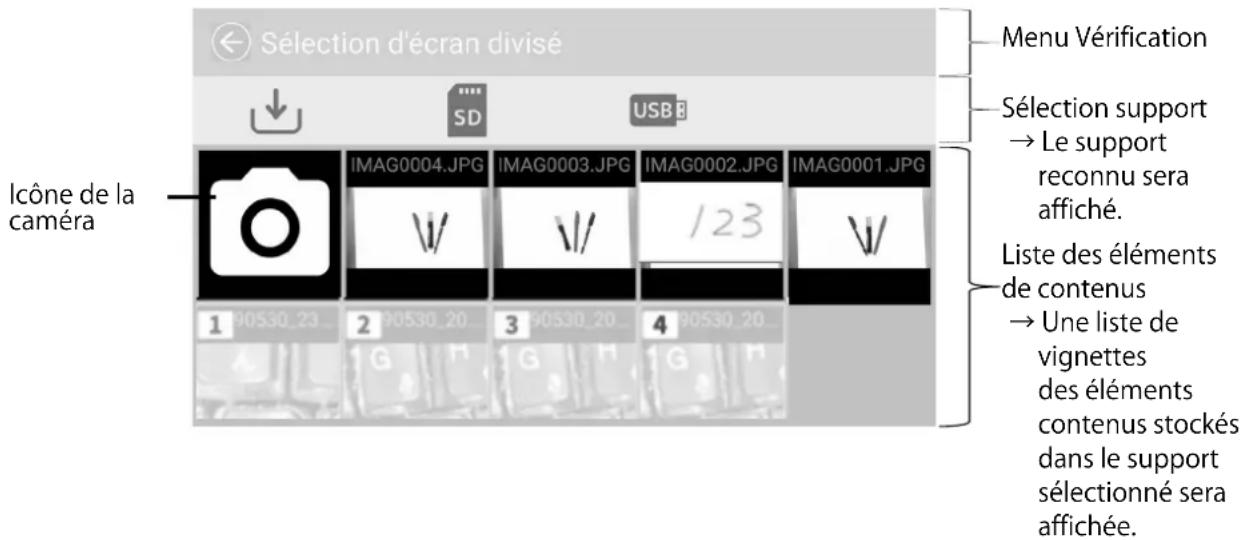 Sélection d'écran divisé Menu Vérification Sélection support → Le support reconnu sera affiché. Liste des éléments de contenus → Une liste de vignettes des éléments contenus stockés dans le support sélectionné sera affichée. Icône de la caméra IMAG0004.JPG IMAG0003.JPG IMAG0002.JPG IMAG0001.JPG 1 2 3 4