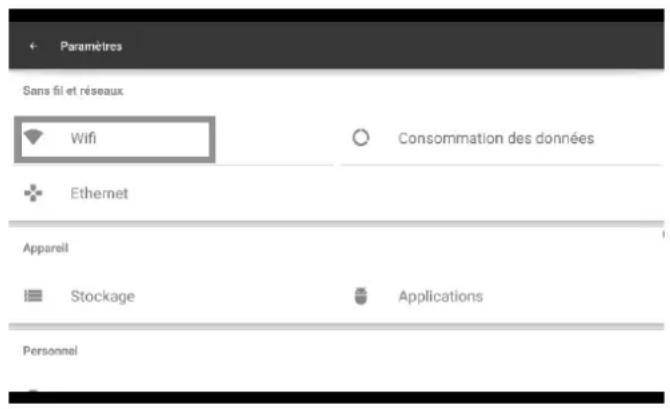 Paramètres Sans fil et réseaux Wifi Consommation des données Ethernet Apparell Stockage Applications Personnel