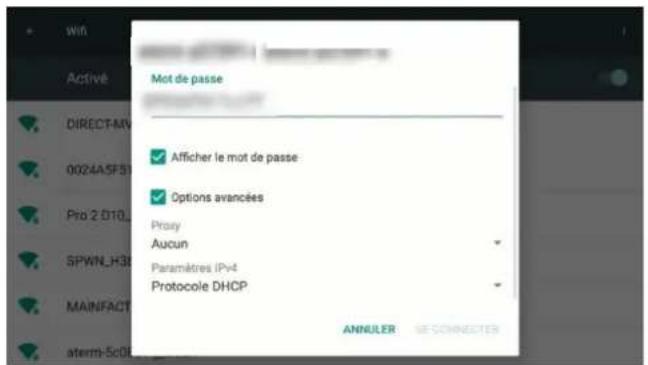 Wits Activé Mot de passe DIRECT-MV 0024A5F3 Pro 2.010_ SPWN_H3 MAINFACT aterm-5c08 Afficher le mot de passe Options avancées Proxy Aucun Paramètres IPv4 Protocole DHCP ANNULER SE CONNECTER