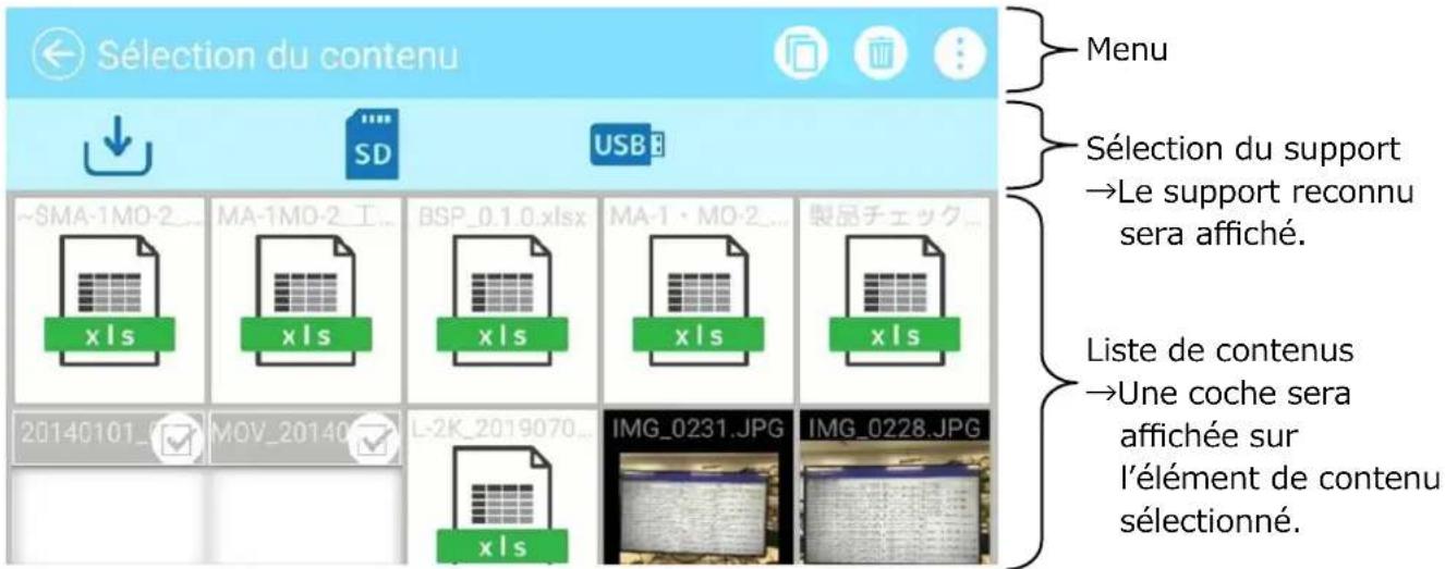Sélection du contenu Menu Sélection du support →Le support reconnu sera affiché. Liste de contenus →Une coche sera affichée sur l'élément de contenu sélectionné.