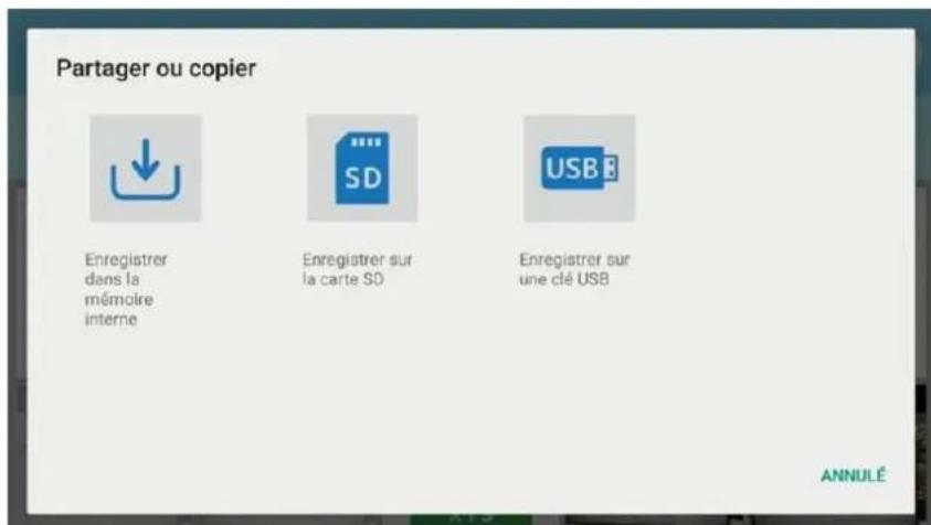 Partager ou copier Enregistrer dans la mémoire interne Enregistrer sur la carte SD Enregistrer sur une clé USB ANNULÉ
