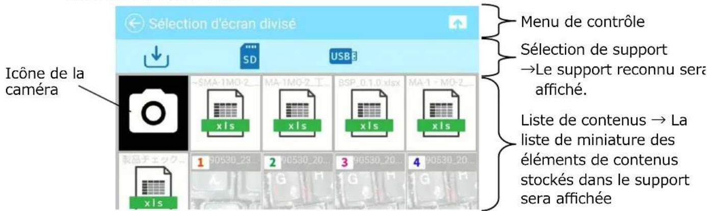Sélection d'écran divisé Menu de contrôle Sélection de support →Le support reconnu sera affiché. Liste de contenus → La liste de miniature des éléments de contenus stockés dans le support sera affichée Icône de la caméra ~SMA-1MO-2 xls xls xls xls 1 90530_23 2 90530_20... 3 90530_20... 4 90530_20...