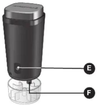 Diagram of a device with labeled parts E and F, showing a cylindrical component and internal structure.