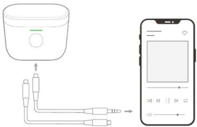 Diagram showing a device connected to a smartphone displaying audio playback controls and audio output.