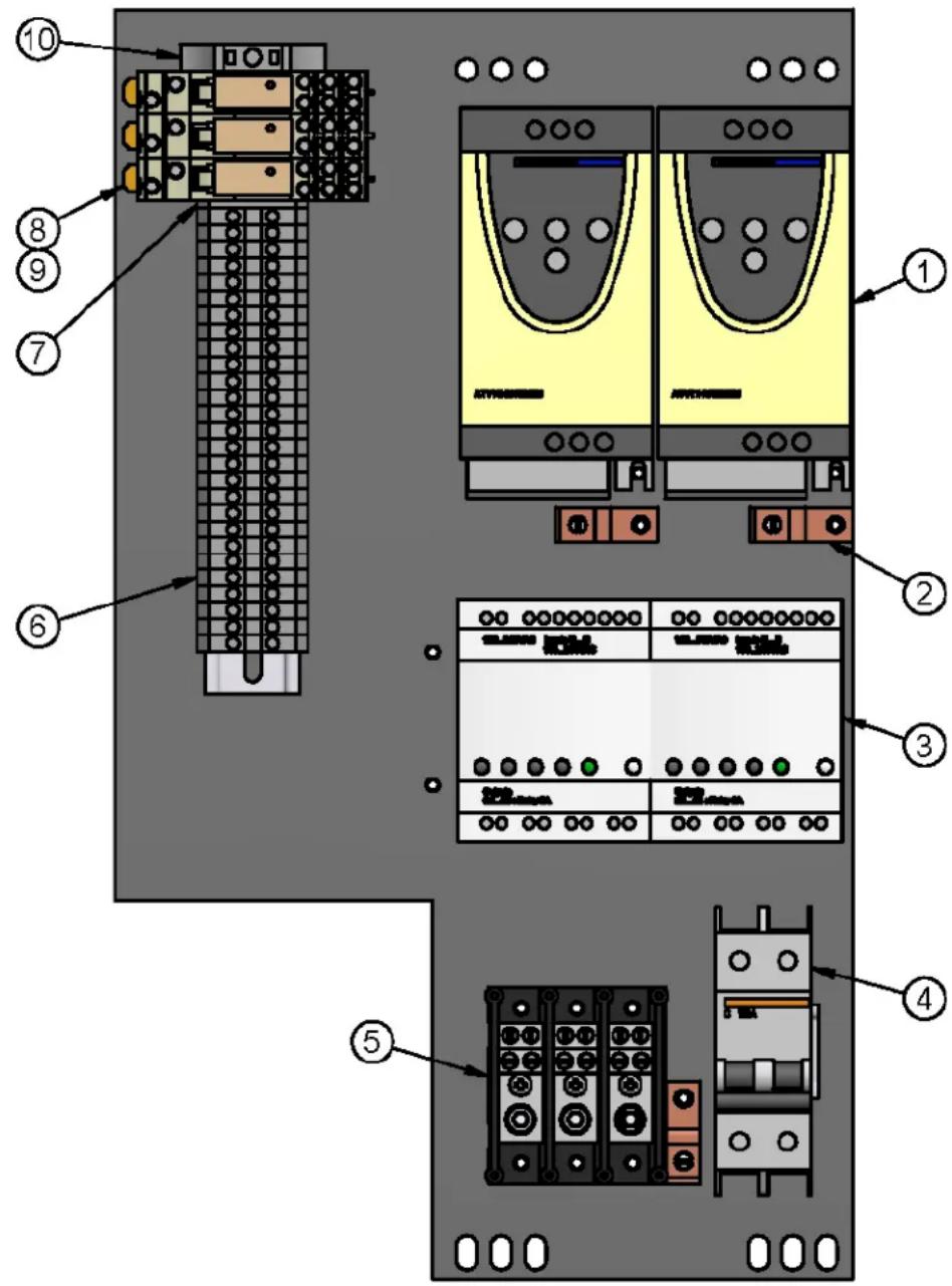Technical diagram of an electronic control panel with numbered components for identification and assembly reference.