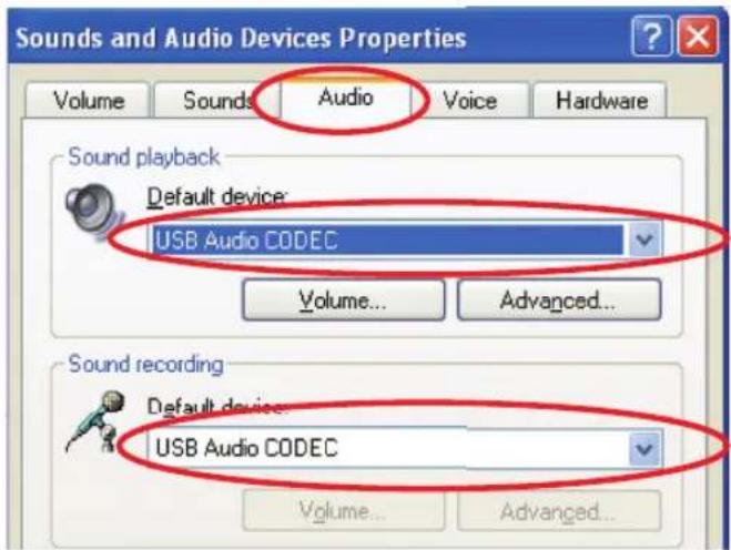 Sounds and Audio Devices Properties Volume Sounds Audio Voice Hardware Sound playback Default device: USB Audio CODEC Volume... Advanced... Sound recording Default device: USB Audio CODEC Volume... Advanced...