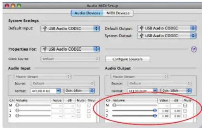 Audio MIDI Setup Audio Devices MIDI Devices System Settings Default Input: USB Audio CODEC Default Output: USB Audio CODEC System Output: USB Audio CODEC Properties For: USB Audio CODEC Clock Source: Default Configure Speakers Audio Input Master Stream Source: Default Format: 44100.0 Hz 2ch-16bit Audio Output Master Stream Source: Default Format: 44100.0 Hz 2ch-16bit Ch Volume Value dB Mute Thru M 1 2 Ch Volume Value dB Mute M 1 2 1.00 0.00 1.00 0.00