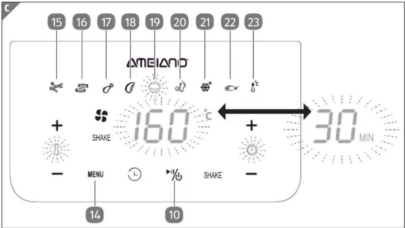 15 16 17 18 19 20 21 22 23 AMELAND + SHAKE 16.0 °C + 30 MIN - MENU Ⓛ SHAKE -