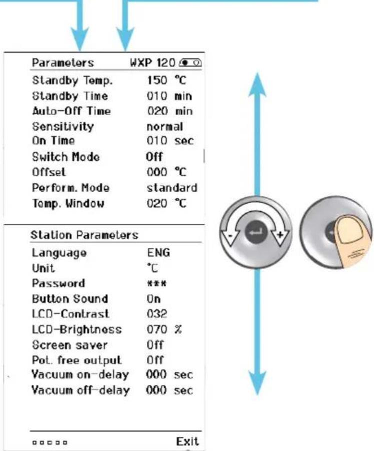 Parameters WXP 120 Standby Temp. 150 °C Standby Time 010 min Auto-Off Time 020 min Sensitivity normal On Time 010 sec Switch Mode Off Offset 000 °C Perform. Mode standard Temp. Window 020 °C Station Parameters Language ENG Unit °C Password *** Button Sound On LCD-Contrast 032 LCD-Brightness 070 % Screen saver Off Pot. free output Off Vacuum on-delay 000 sec Vacuum off-delay 000 sec ...... Exit